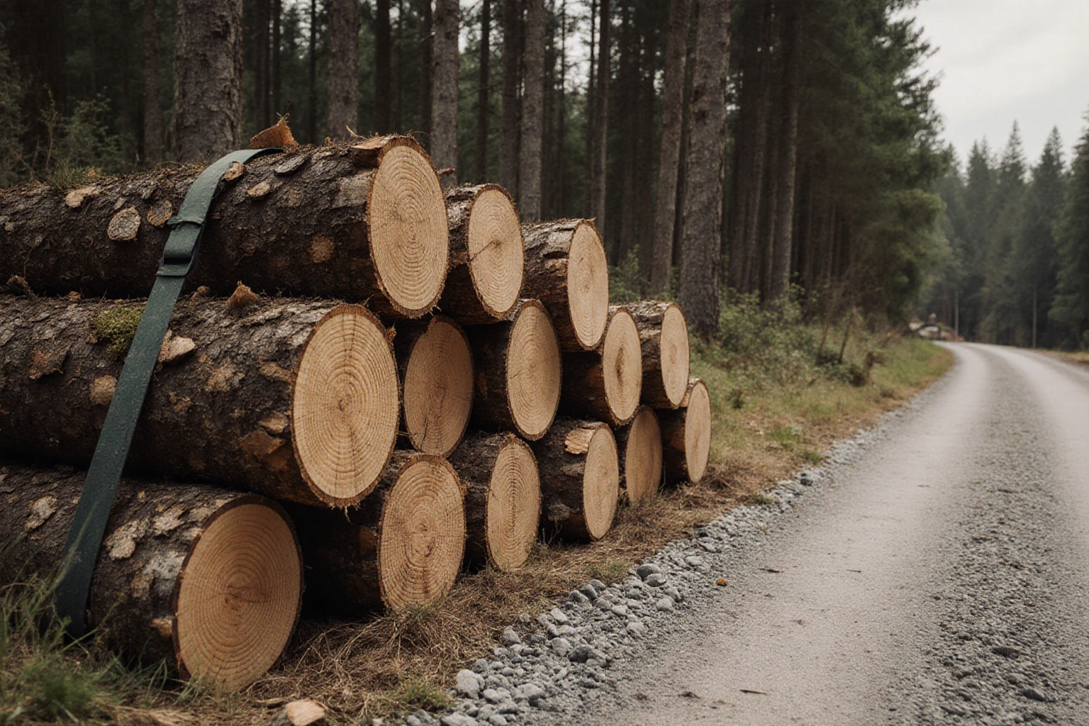 Rundholzpolter neben einem Forstweg
